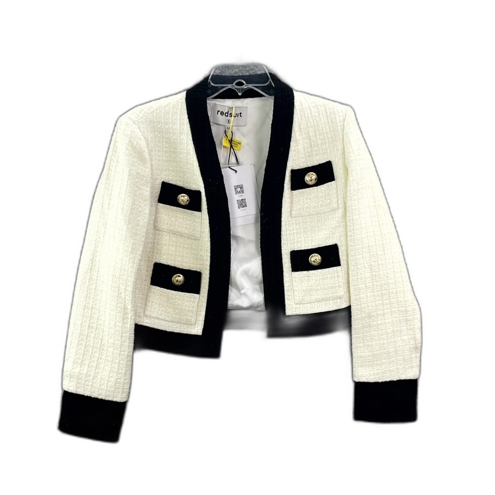 Redsuit Tweed Crop Cardigan Blazer Jacket Womens M White Black Trim Minimalist